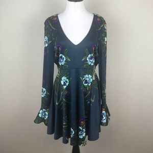 Free People Teal Floral Keyhole Bell Sleeve Skater Dress S